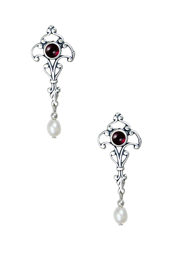 Sterling Silver Romantic Victorian Drop Dangle Earrings With Garnet